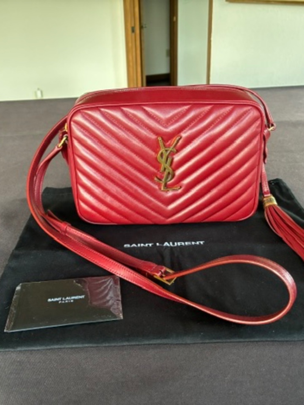 Authentic YSL Lou Matelasse Calfskin Leather Camera Bag Opyum Red Excellent